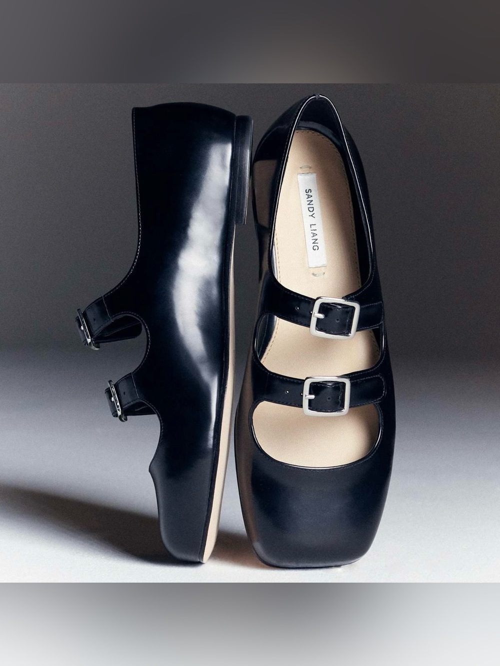 Sandy Liang Black Patent Double-Buckle Mary Jane Flats